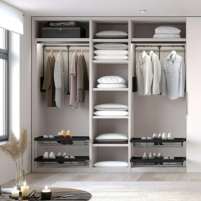 Emuca Kleiderstange Hang - Breitenverstellung: 830 mm - 1.150 mm, Schwarz - Ein begehbarer Kleiderschrank in Weiß mit Kleidung, Kissen und Schuhregalen bietet eine organisierte Aufbewahrungslösung für Schlafzimmer oder Ankleidezimmer.