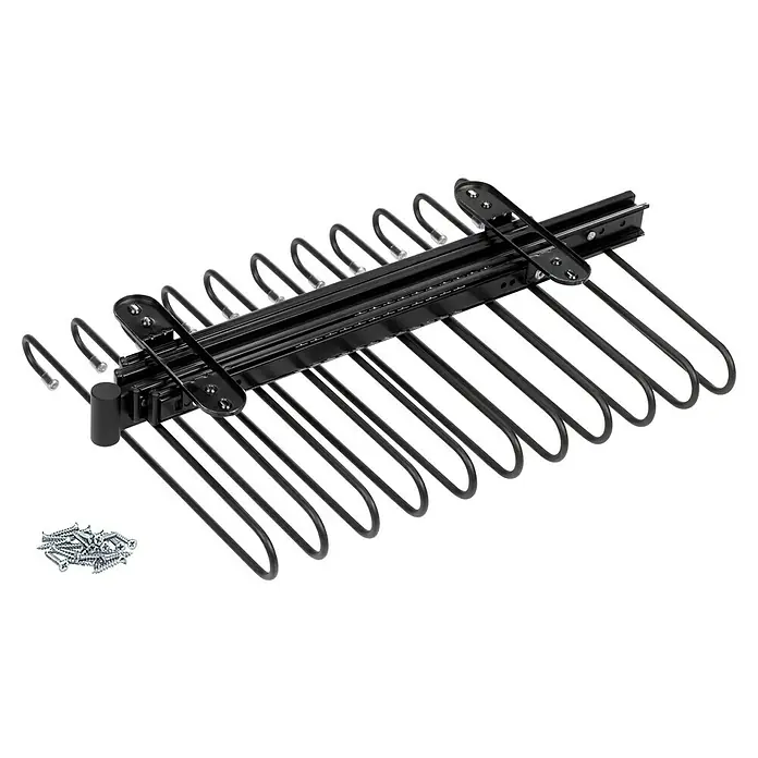 Emuca Hosenauszug - L x B x H: 345 x 470 x 85 mm, Schwarz - Eine ausziehbare Hosenaufhängung mit mehreren Bügeln und Befestigungsmaterial für die einfache Montage.