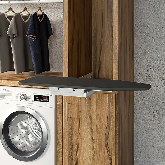 Emuca Bügeltisch klappbar - 81 x 30 cm - Ausziehbarer, grauer Bügeltisch über einer Waschmaschine, integriert in einen Holzschrank, für müheloses Bügeln.