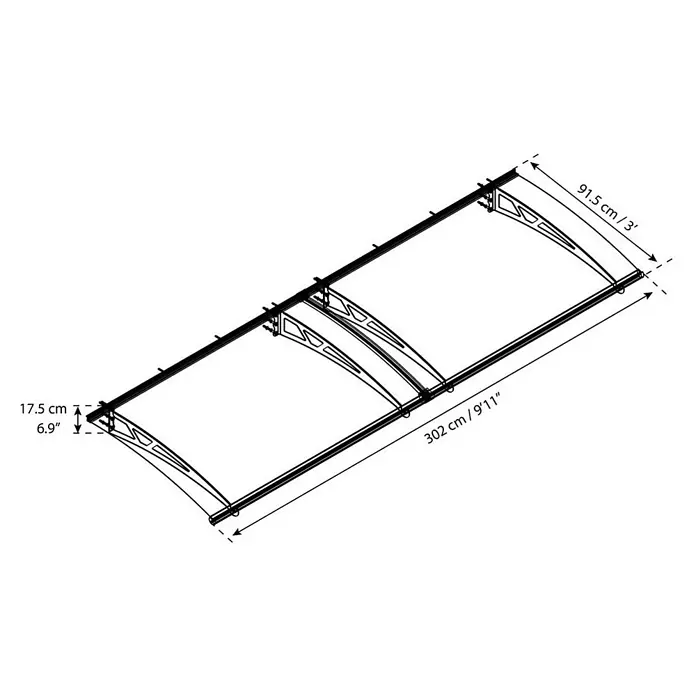 Palram – Canopia Marquesina para puerta Altair - 302 x 91 x 17,5 cm, Antracita - Vista del producto que muestra las dimensiones 17,5 cm / 6,9", 91,5 cm / 3' y 302 cm / 9'11" para detalles precisos de tamaño.