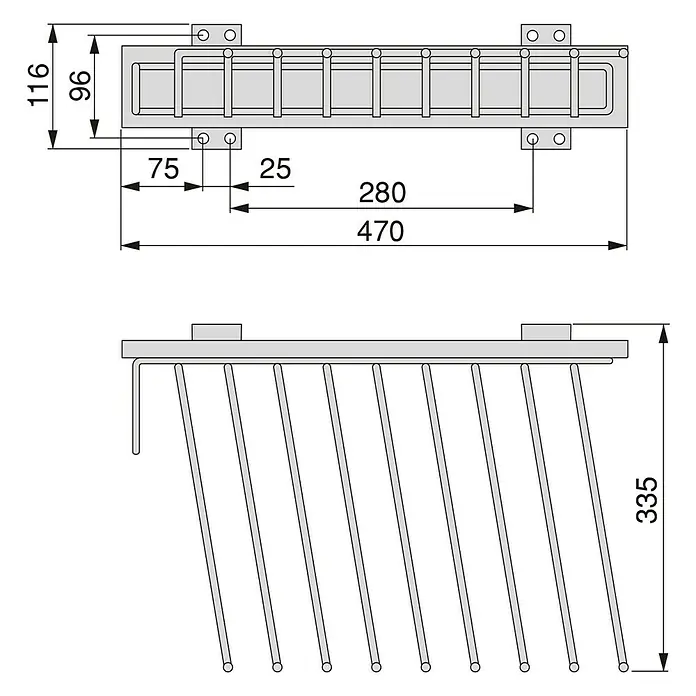 Emuca Hosenhalter Self - L x B x H: 335 x 470 x 116 mm, Links, Stahl, Herausziehbar - Technische Zeichnung eines Schuhregals mit den Maßen 470 x 116 x 335 mm für eine optimale Platzausnutzung im Flur.