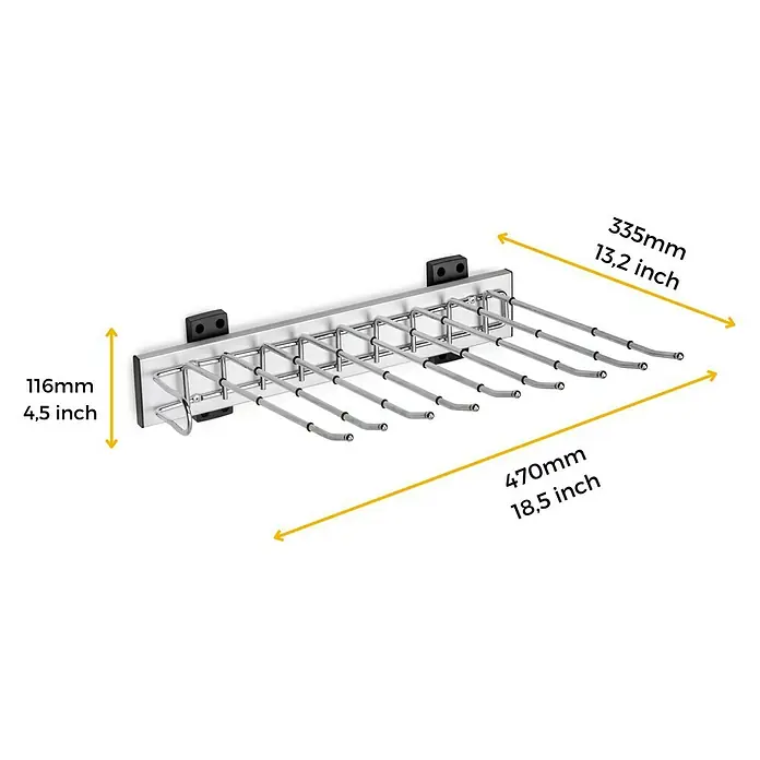 Emuca Hosenhalter Self - L x B x H: 335 x 470 x 116 mm, Links, Stahl, Herausziehbar - Produktansicht des Hosenhalters mit Maßangaben. Das Produkt besteht aus robustem Material und bietet eine praktische Lösung zur Aufbewahrung von Hosen.
