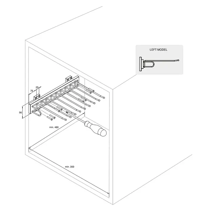 Emuca Hosenhalter Self - L x B x H: 335 x 470 x 116 mm, Links, Stahl, Herausziehbar - Einbauschrank mit herausziehbarem Kleiderbügelhalter, der mit einem Schraubenzieher justiert wird. Zusätzlich ein Modell für die linke Seite.