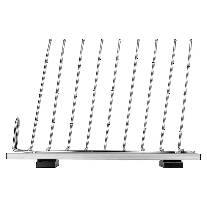 Emuca Hosenhalter Self - L x B x H: 335 x 470 x 116 mm, Links, Stahl, Herausziehbar - Das Bild zeigt einen Geschirrtrockner aus Metall mit mehreren Stäben zum Trocknen von Geschirr.