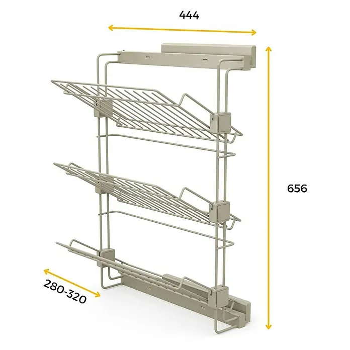 Emuca Schuhregal Hack - Breitenverstellung: 280 mm - 320 mm, Rechts, Steingrau, Anzahl Fächer: 2 Stk. - Apothekerschrank mit drei Körben und Maßangaben zum einfachen Einbau in Küchenschränke, inklusive aller Maße.