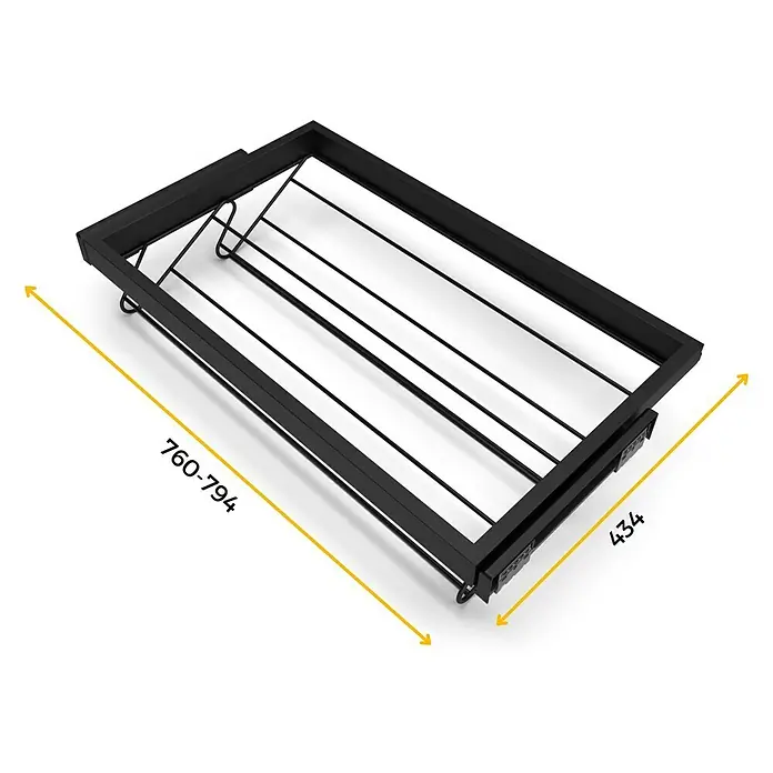 Emuca Schuhauszug - Breitenverstellung: 760 mm - 794 mm, Tiefschwarz - Produktansicht eines schwarzen ausziehbaren Küchenschranks mit den Maßen 760-794 x 434 mm für mehr Stauraum und Komfort in der Küche.