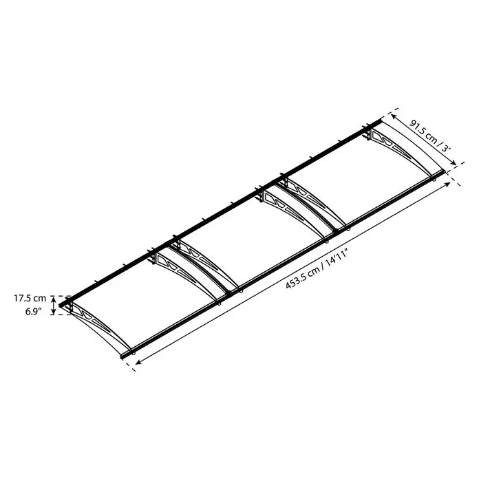 Palram – Canopia Marquesina para puerta Altair - 453,5 x 91 x 17,5 cm, Antracita - Imagen de un toldo con medidas. El toldo está hecho de marcos oscuros y tiene una longitud de 453,5 cm y un ancho de 91,5 cm.