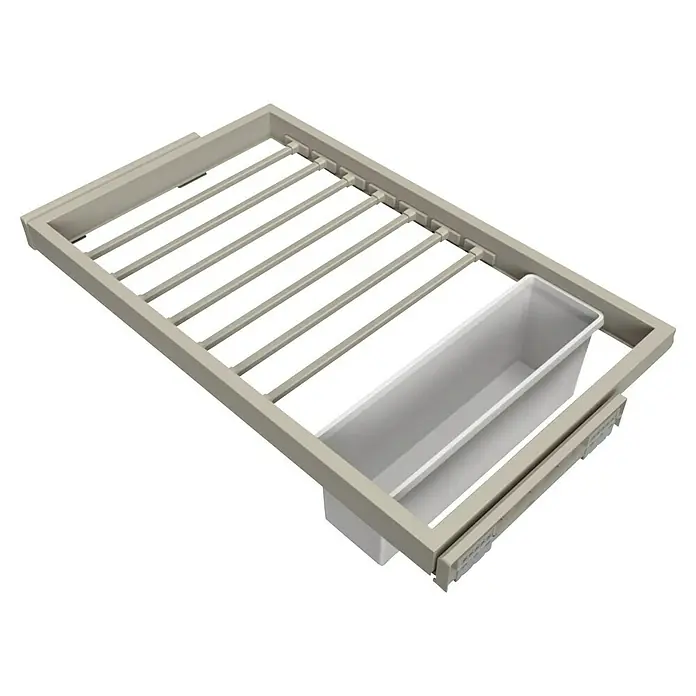 Emuca Hosenhalter Hack - Breitenverstellung: 760 mm - 794 mm, Steingrau - Ein ausziehbarer Hosenträger mit integriertem Ablagefach, ideal für die Organisation von Kleidung im Schrank.