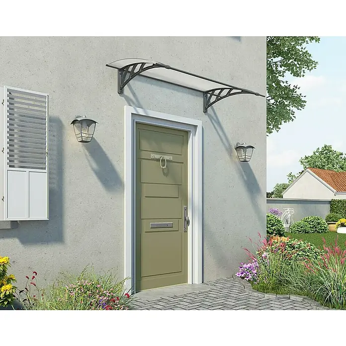 Palram – Canopia Marquesina para puerta Neo - An x Pr x Al: 136,5 x 85,5 x 30 cm - Una puerta principal moderna con un toldo que ofrece protección contra la lluvia y el sol, integrada en un diseño exterior elegante.