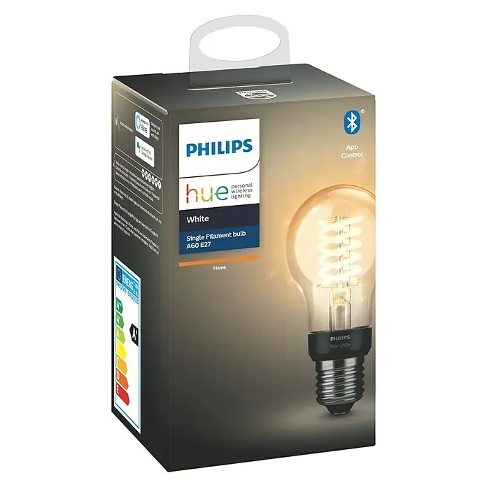 Philips Hue Bombilla LED inteligente Filamento blanco - E27, Intensidad regulable, Blanco cálido, 550 lm, 7 W, Denominación de la lámpara: A60 - Embalaje de una bombilla Philips Hue White Filament A60 E27, que ofrece luz blanca cálida con control Bluetooth, ideal para crear ambiente.