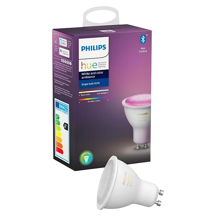 Philips Hue Set de bombillas LED inteligentes - GU10, Intensidad regulable, RGBW, 350 lm, 5,7 W, 1 ud. - Imagen del producto Philips Hue White and Color Ambiance GU10 bombilla individual controlada por aplicación, que ofrece una amplia gama de colores.