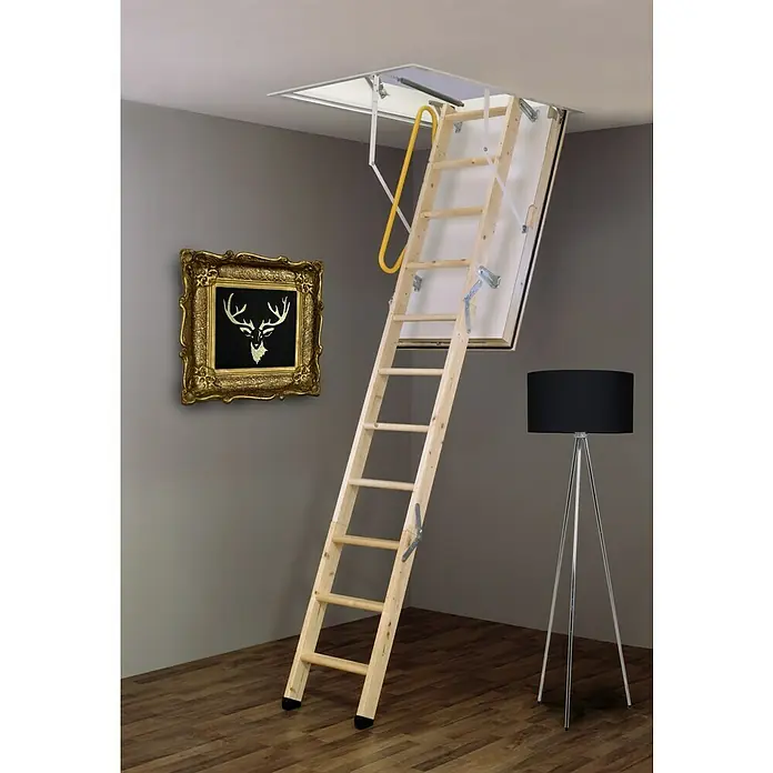 Minka Bodentreppe Euro Trend Profi - 120 x 70 cm, Wärmedämmung: 0,439 W/(m²K) - Dachbodentreppe aus Holz mit gelbem Handlauf und weißer Luke, ideal für den einfachen Zugang zum Dachboden.