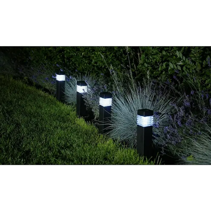 BAUHAUS Solarleuchten-Set Piazza - 4 Stk., L x B x H: 6 x 6 x 39 cm, Anthrazit, IP44, 3 lm - Außenaufnahme von vier quadratischen Gartenlampen, die eine malerische Beleuchtung im Freien schaffen.