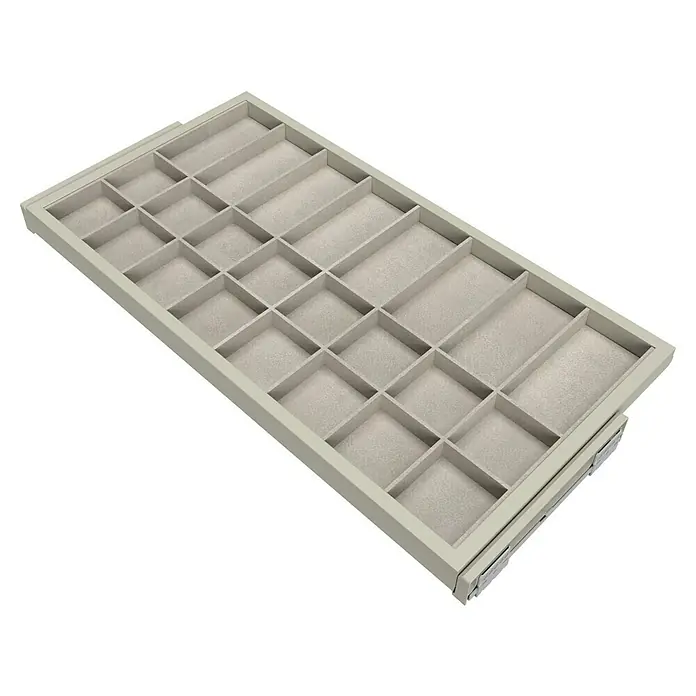 Emuca Schrank-Organisator Hack - Breitenverstellung: 860 mm - 894 mm, Steingrau - Graue Schmuckschatulle mit mehreren Fächern zur Aufbewahrung verschiedener Schmuckstücke, ideal für Organisation.