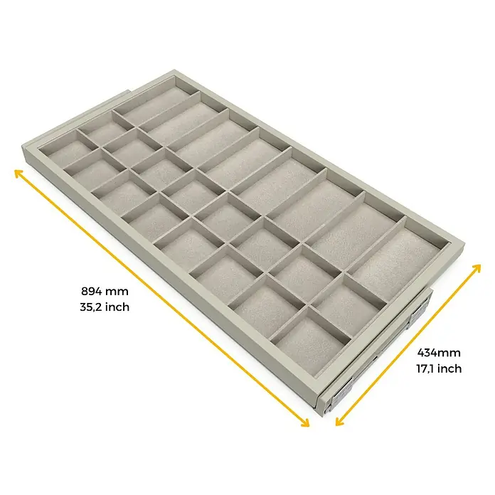 Emuca Schrank-Organisator Hack - Breitenverstellung: 860 mm - 894 mm, Steingrau - Foto eines grauen Schubladeneinsatzes für Schmuck mit mehreren Fächern und genauen Maßangaben in mm und Zoll.