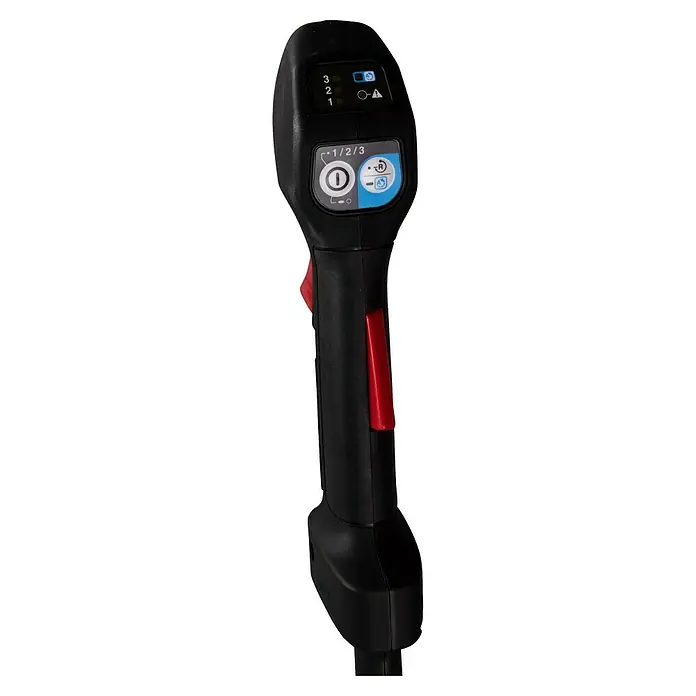 Makita LXT 18V Akku-Freischneider DUR369AZX6 - 18 V, Ohne Akku, Schnittbreite Faden: 43 cm, Schnittbreite Messer: 25,5 cm - Nahaufnahme eines schwarzen Werkzeuggriffs mit roten Akzenten und mehreren Bedienelementen.