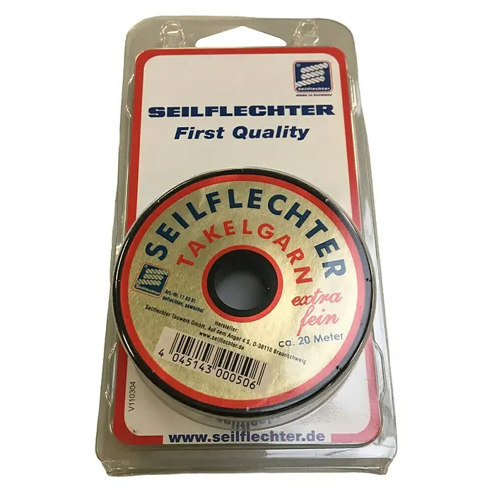 Seilflechter Cabo para aparejos - Ø x L: 1 mm x 20 m, Poliéster, Blanco - Filástica de Seilflechter "extra fein" empaquetada con 20 metros de longitud, presentada en una tarjeta roja y blanca.