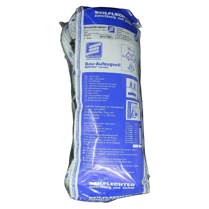 Seilflechter Cuerda de amarre Spiral Birotex - Ø x L: 16 mm x 10 m, Plástico, Blanco/Azul - Imagen de una cuerda de elevación de construcción de Seilflechter, fiable y segura para elevadores, hecha de material de alta resistencia BIROTEX®.