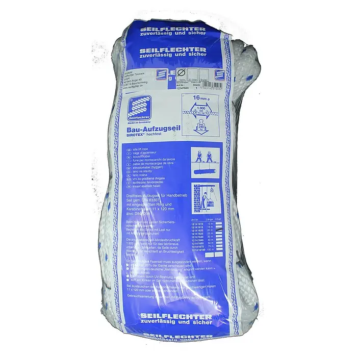 Seilflechter Cuerda de amarre Spiral Birotex - Ø x L: 16 mm x 20 m, Plástico, Blanco/Azul - Cuerda de elevación para construcción Seilflechter, BIROTEX de alta resistencia, fiable y segura. Una cuerda robusta para aplicaciones de elevación.