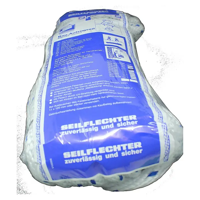 Seilflechter Cuerda de amarre Spiral Birotex - Ø x L: 16 mm x 20 m, Plástico, Blanco/Azul - Imagen de una cuerda de elevación Bau-Aufzugseil, destacando su robusta construcción y sus características de seguridad.