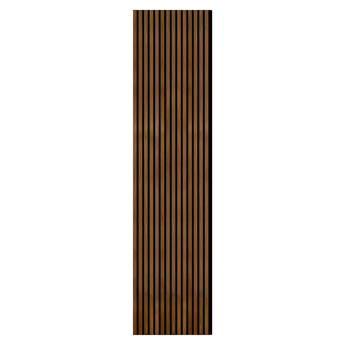 FN Neuhofer Akustikpaneel Acustico Thermoholz - 2.400 x 572,5 x 18 mm - Braune Holzlamellen-Akustikplatte mit schwarzer schallabsorbierender Filzunterlage.