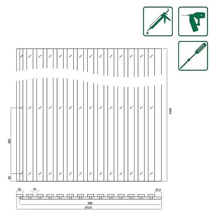 FN Neuhofer Akustikpaneel Acustico Thermoholz - 2.400 x 572,5 x 18 mm - Technische Zeichnung einer Lamellenwand mit Maßen. Symbole zeigen benötigte Werkzeuge: Kartuschenpistole, Bohrmaschine, Schraubendreher.