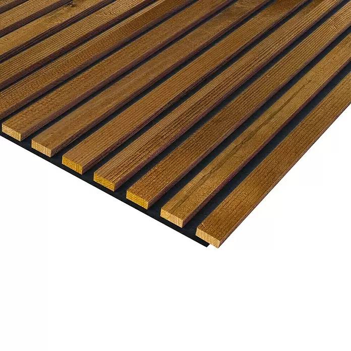 FN Neuhofer Akustikpaneel Acustico Thermoholz - 2.400 x 572,5 x 18 mm - Braune Holzlamellen-Akustikpaneele mit parallelen Lamellen auf dunklem Filzträger.