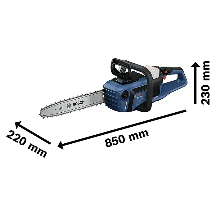Bosch Professional AMPShare 18V Akku-Kettensäge GKE 18V-40 - 18 V, Li-Ionen, Ohne Akku, Schwertlänge: 40 cm - Abbildung einer Bosch Akku-Kettensäge mit den Maßen 850 mm Länge, 220 mm Breite und 230 mm Höhe.