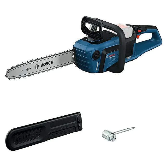 Bosch Professional AMPShare 18V Akku-Kettensäge GKE 18V-40 - 18 V, Li-Ionen, Ohne Akku, Schwertlänge: 40 cm - Abbildung einer Bosch Akku-Kettensäge mit Zubehör, ideal zum Schneiden von Ästen und kleinen Bäumen im Garten.