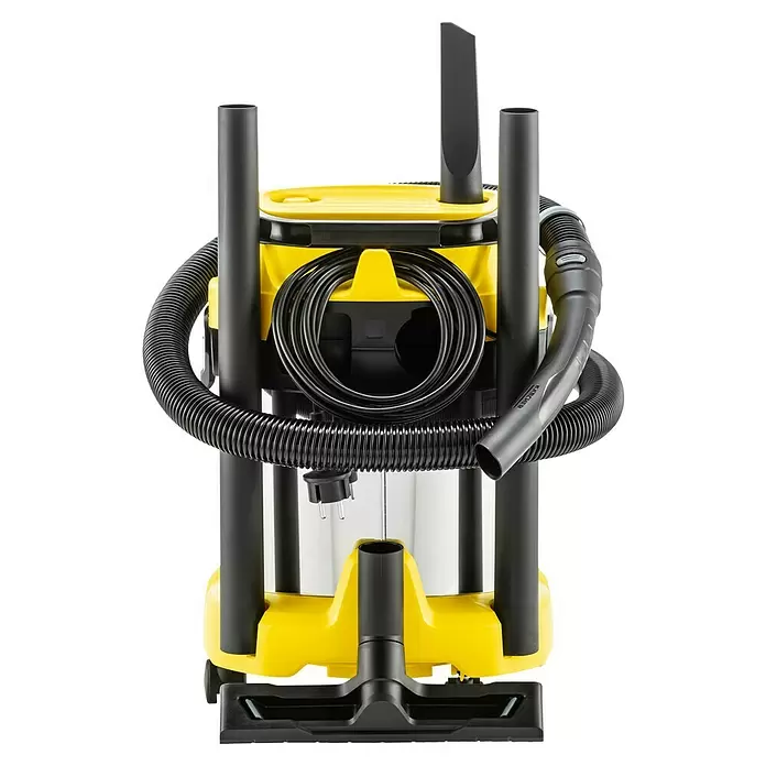 Kärcher Elektro-Nass- & Trockensauger WD 3 S V-15/4/20 - 1.000 W, Behältervolumen: 15 l - Kompakter gelb-schwarzer Nass-/Trockensauger mit Schlauch, Netzkabel und Zubehör am Gerät verstaut.