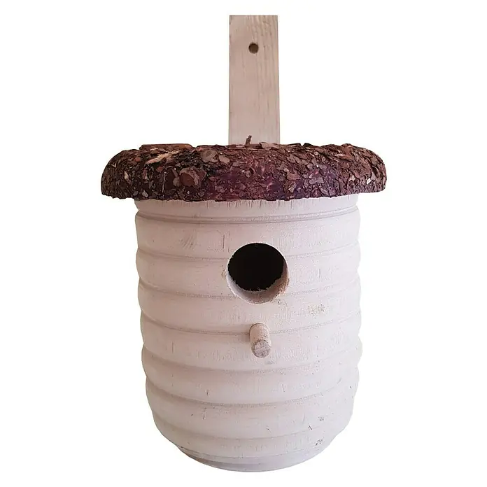 Nistkasten KG17452 - 18 x 33 x 18 cm, Holz, Mit Sitzstange - Holzgeschnitztes Vogelhaus mit Baumrinde-Oberteil und rundem Eingangsloch, ideal für den Garten.