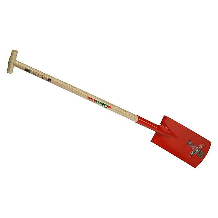 Gardol Pala de jardinero - Anchura de trabajo: 17 cm, Tipo de mango: Mango en T - La imagen muestra una pala roja con mango de madera y empuñadura en T. Una herramienta esencial para tareas de jardinería y paisajismo.