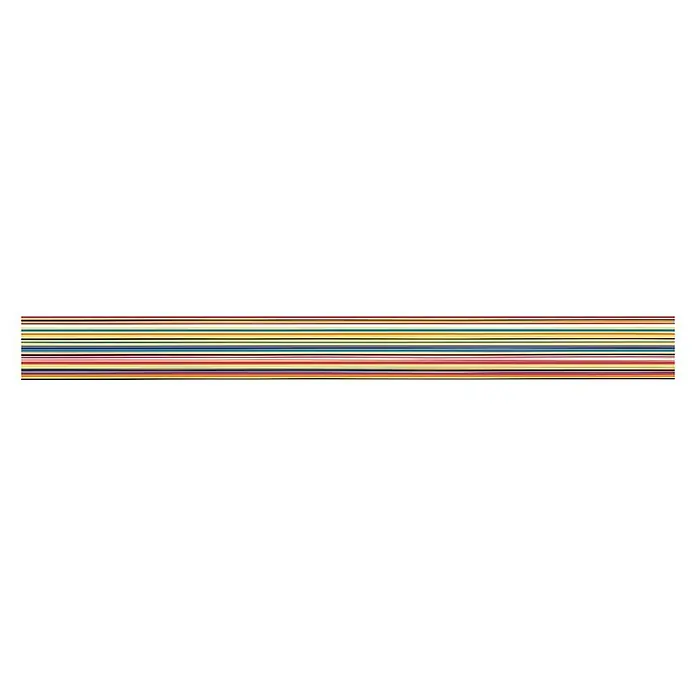 Cenefa para baldosas Lines - 5 x 50 cm, Multicolor - Imagen abstracta con numerosas franjas horizontales de colores sobre un fondo negro, ofreciendo una estética moderna y artística.