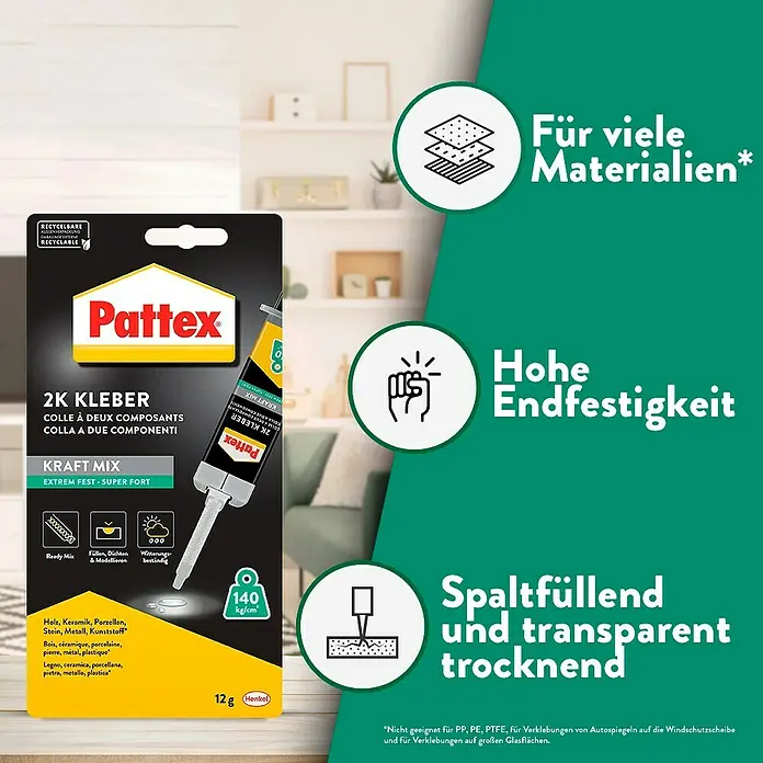 Pattex Kraft-Mix 2-Komponenten-Kleber Komponentenkleber Extrem Fest - 1 Stk., 12 g - Pattex 2K Kraft Mix Kleber: Extrem fester, schnell trocknender 2-Komponenten-Kleber für Holz, Keramik, Metall und Kunststoffe.