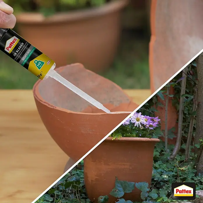 Pattex Kraft-Mix 2-Komponenten-Kleber Komponentenkleber Extrem Fest - 1 Stk., 12 g - Pattex 2K Kleber wird verwendet, um einen zerbrochenen Tontopf zu reparieren, während ein intakter Topf mit Blumen im Garten steht.