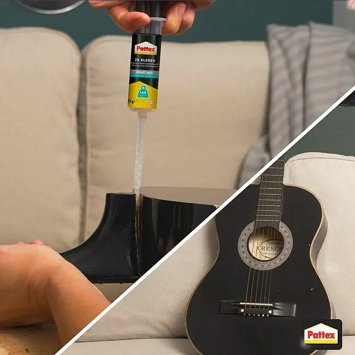 Pattex Kraft-Mix 2-Komponenten-Kleber Komponentenkleber Extrem Fest - 1 Stk., 12 g - Pattex 2K Kleber Kraft Mix wird verwendet, um eine zerbrochene Gitarre zu reparieren, die auf einem beigen Sofa liegt.