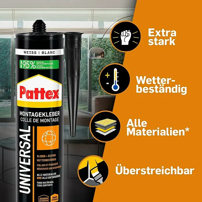 Pattex Montagekleber Universal - 420 g - Pattex Universal Montagekleber: Starker, wetterbeständiger Montagekleber für alle Materialien, überstreichbar und für Innen- und Außenbereiche geeignet.