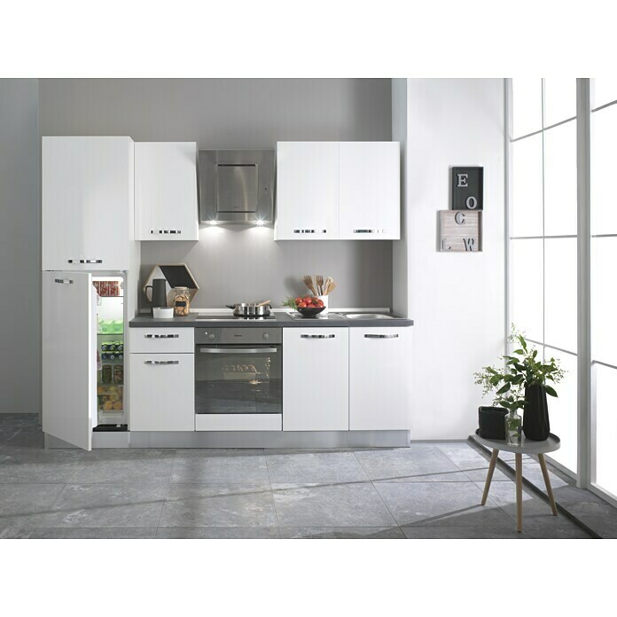 Küchenzeile Laura (Breite: 240 cm, Mit Elektrogeräten, Weiß Hochglanz)