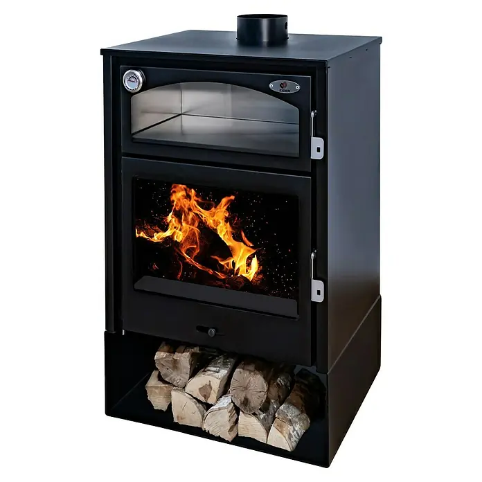 Estufa de leña Aston con horno - 10,2 kW - 13,1 kW, Volumen de calefacción: 225 m³, Negro - Esta moderna estufa de leña negra con ventana y compartimento para leña proporciona una calidez acogedora.
