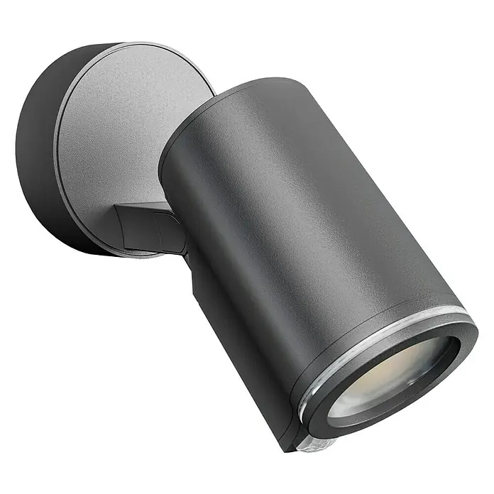 Steinel LED-Sensor-Außenwandleuchte Spot One S anthrazit - 7,47 W, L x B x H: 9,8 x 9,7 x 17,5 cm, Anthrazit, Warmweiß - Nahaufnahme einer grauen Wandleuchte mit zylindrischem Lampenkopf und runder Wandhalterung, ideal für Außenbereiche.
