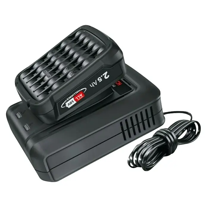 Bosch Power for All 18V Batería y cargador AL 18V-44 - 18 V, 1 batería, 2,5 Ah - Primer plano de una batería con cargador, que incluye una batería ALL 18V de 2,5 Ah para una visualización detallada.