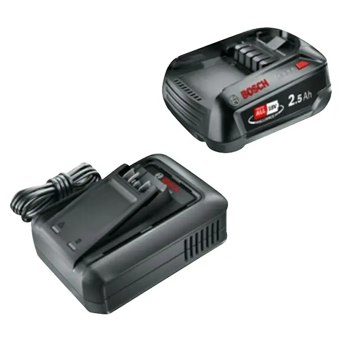 Bosch Power for All 18V Batería y cargador AL 18V-44 - 18 V, 1 batería, 2,5 Ah - Imagen de un cargador de batería Bosch y una batería de 2,5 Ah, que muestra la experiencia de carga completa para herramientas eléctricas.