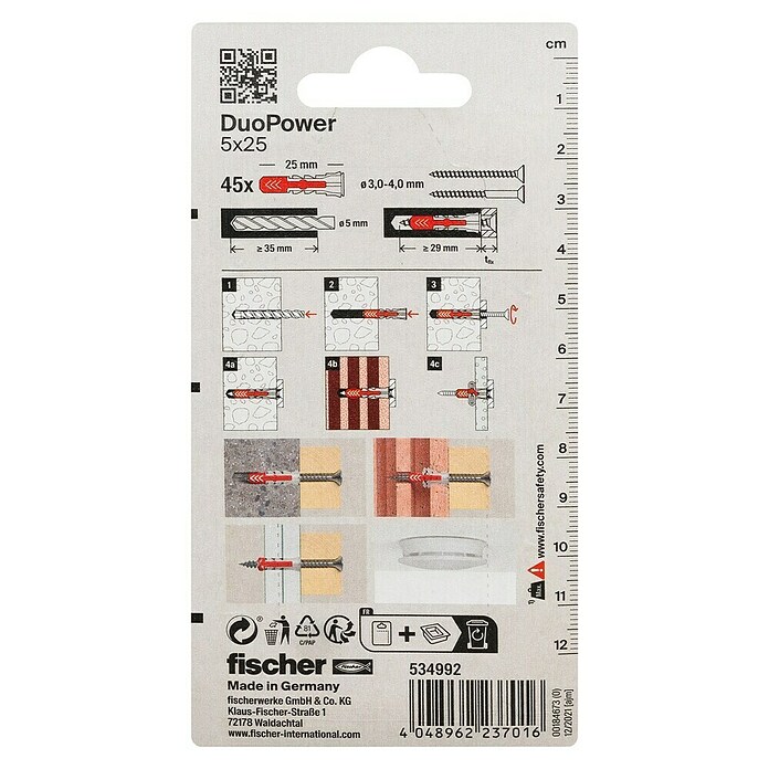 Fischer Duopower Schraubensortiment mit Dübeln (Durchmesser Dübel: 5 mm, Länge Dübel: 25 mm, 45 Stk., Nylon)