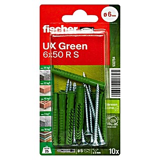 Fischer Greenline Universaldübel UX Green R S (Ø x L: 6 x 50 mm, 10 Stk., Nylon)