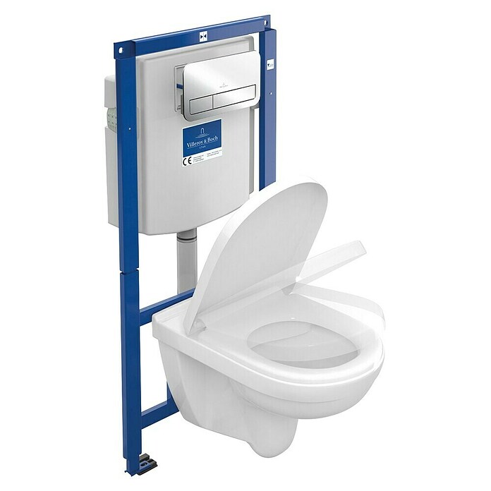 Villeroy & Boch O.novo Spülrandloses Wand-WC-Set (Mit WC-Vorwandelement & WC-Sitz, Ohne Beschichtung, Tiefspüler, Weiß/Chrom)