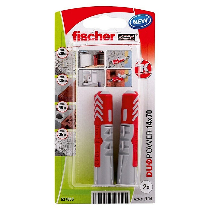 Fischer Duopower Universaldübel-Set (Durchmesser Dübel: 14 mm, Länge Dübel: 70 mm, 2 Stk., Nylon)