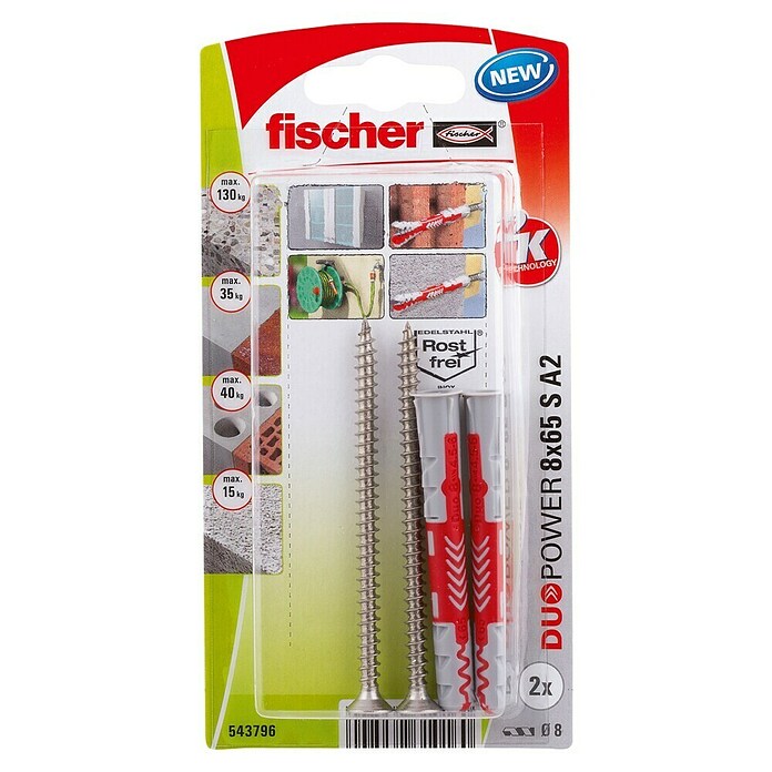 Fischer Duopower Universaldübel S A2 K (Ø x L: 8 x 65 mm, 2 Stk., Material Dübel: Nylon) | BAUHAUS