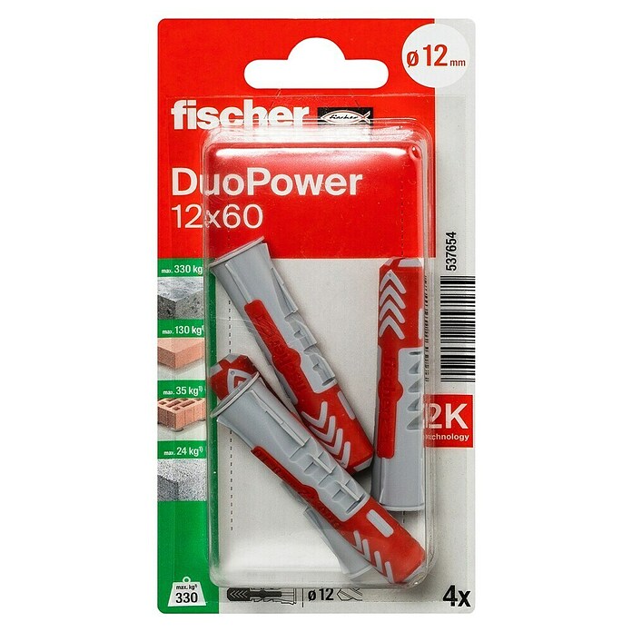 Fischer Duopower Universaldübel-Set (Durchmesser Dübel: 12 mm, Länge Dübel: 60 mm, 4 Stk., Nylon)