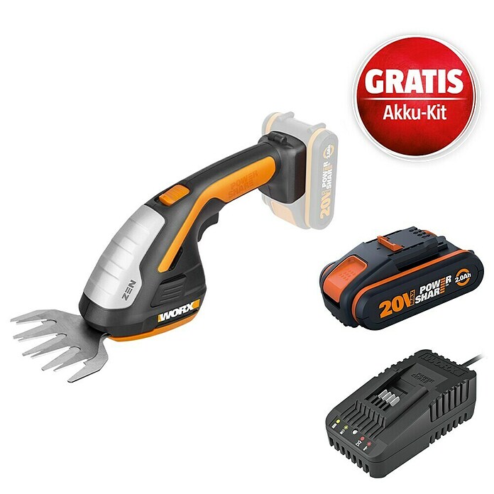 Worx PowerShare 20V Maschinenpaket (Akku-Gras- & Strauchschere WG801E.9, Akku & Schnellladegerät) | BAUHAUS