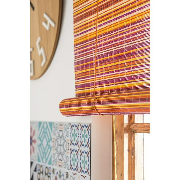 Estor enrollable Tutto arancia - An x Al: 120 x 175 cm, Multicolor - Primer plano de un estor enrollable decorativo naranja y morado, que añade un toque de color y textura a una habitación.